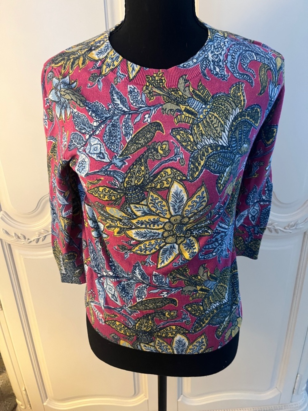 Talbots Size P Pattern Crewneck Top in Pink & Yellow 3/4 length sleeves